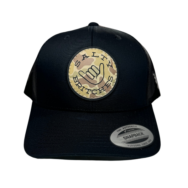 Salty Britches Black Snapback Hat with Camo Round Logo