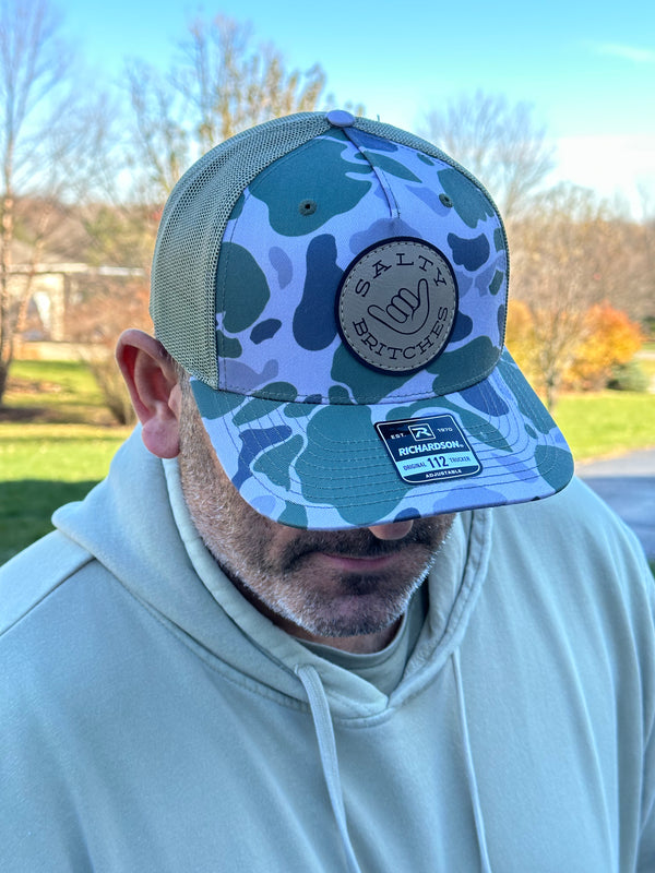 NEW Old School Green Duck Camo with Leather Patch Hat