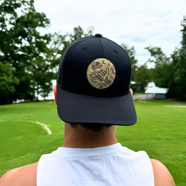 Salty Britches Black Snapback Hat with Camo Round Logo