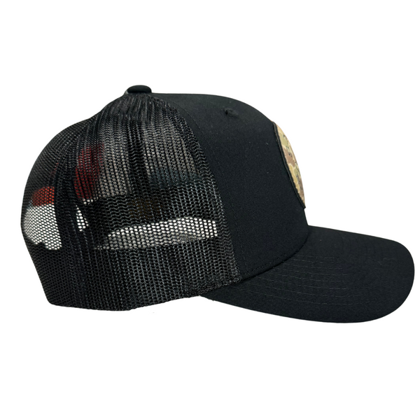 Salty Britches Black Snapback Hat with Camo Round Logo