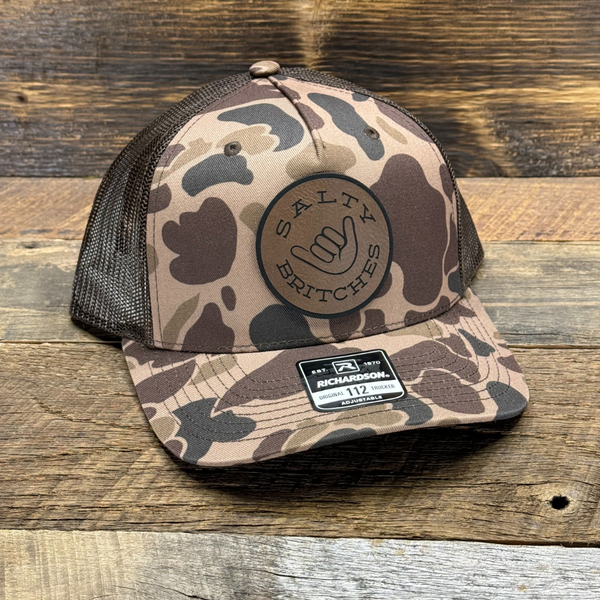 Old School Marsh Camo Rope Hat - Wood Duck Logo - Leather Patch Hats - Duck  Camo Hat